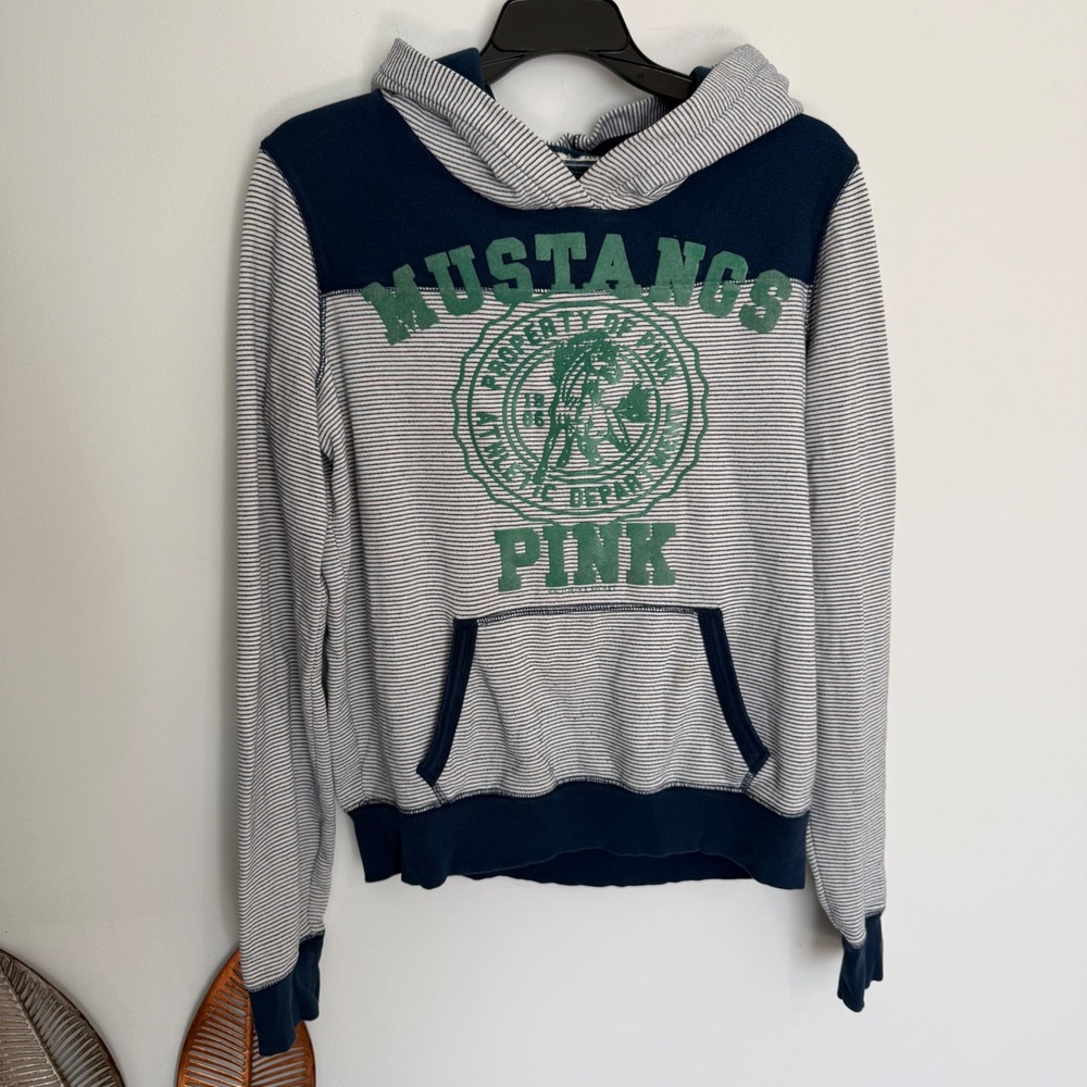 M9 RARE Victoria's Secret PINK Univ Mustangs Hoodie Navy White Striped M‎ Y2K